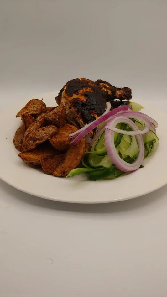 Nerpy's Cast Iron Tropical Spicy BBQ Chicken with Potato Wedges & Cucumber Salad — Caribbean Recipe - Nerpy's Inc.