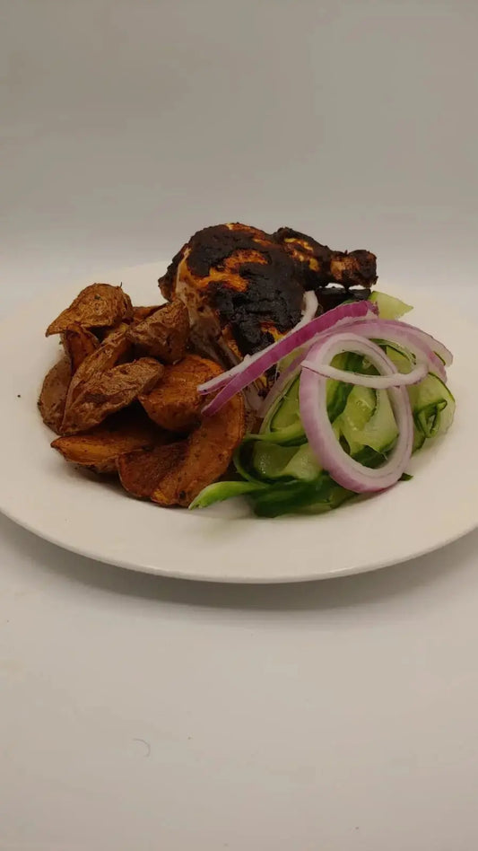 Nerpy's Cast Iron Tropical Spicy BBQ Chicken with Potato Wedges & Cucumber Salad — Caribbean Recipe - Nerpy's Inc.