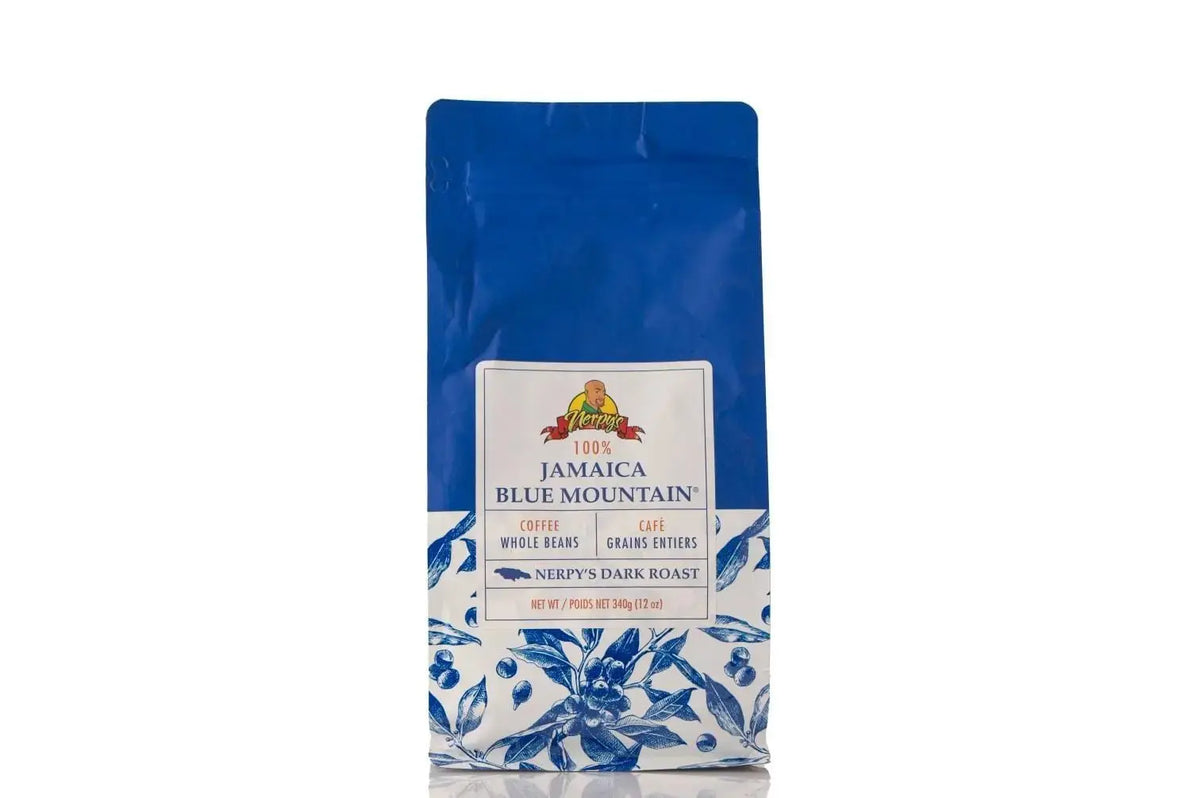 Nerpy's dark roast coffee package detail – Blue Mountain style Jamaican coffee blend, Canada