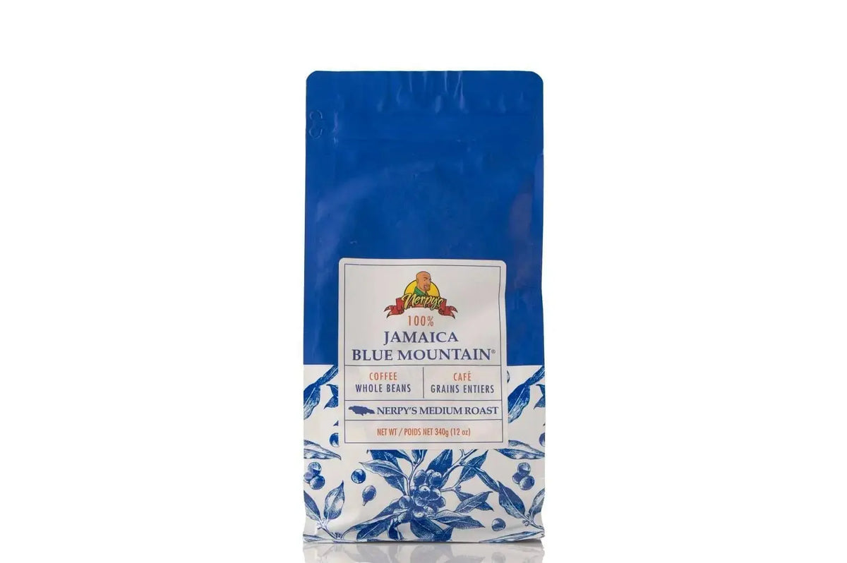 Nerpy's medium roast coffee package detail – Blue Mountain style Caribbean coffee, gluten-free Canada