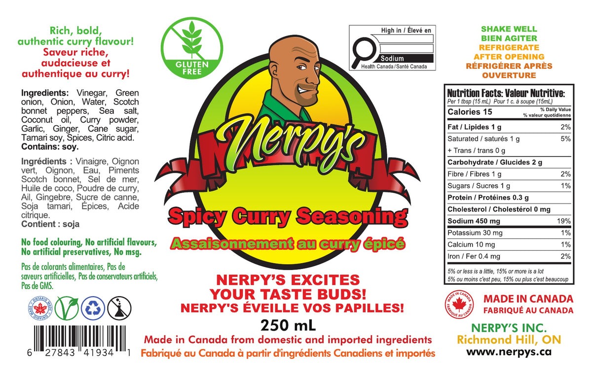 Nerpy's Spicy Curry Seasoning 250 mL full label – ingredients, Nutrition Facts, gluten-free, vegan, made in Canada