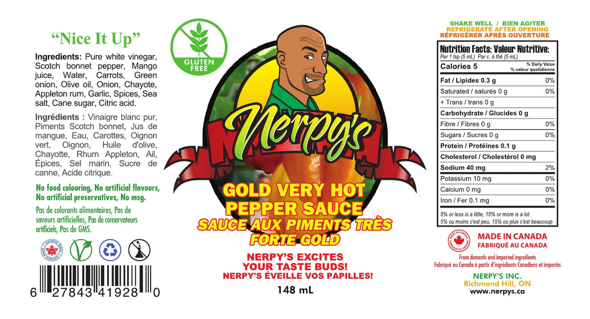 Nerpy's Gold Very Hot Pepper Sauce 148 mL full label – ingredients, Nutrition Facts, gluten-free, made in Canada