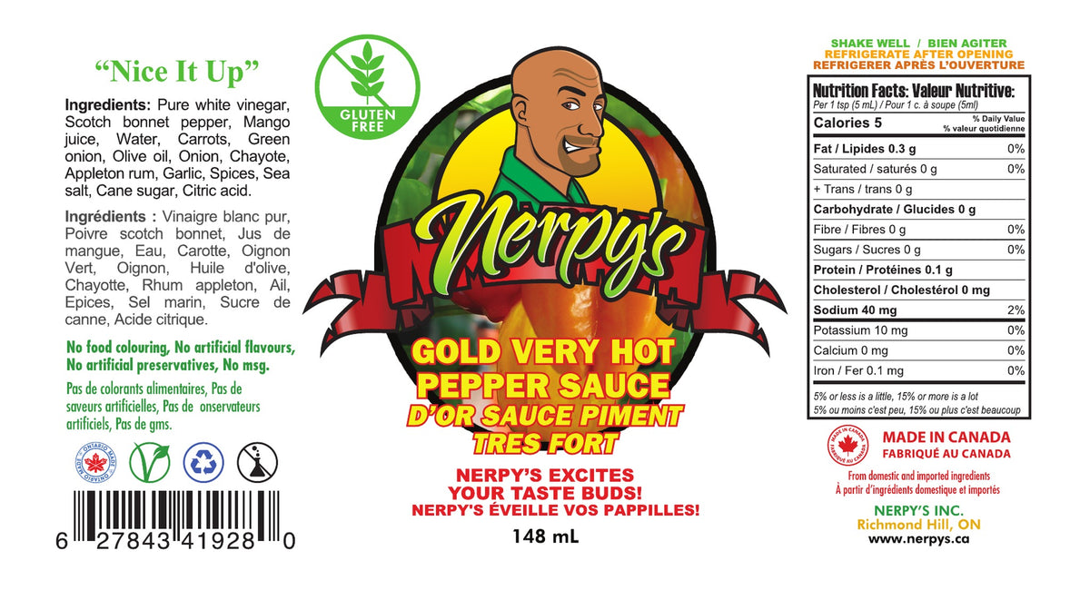 Nerpy's Gold Very Hot Pepper Sauce 148 mL full label – ingredients, Nutrition Facts, gluten-free, made in Canada