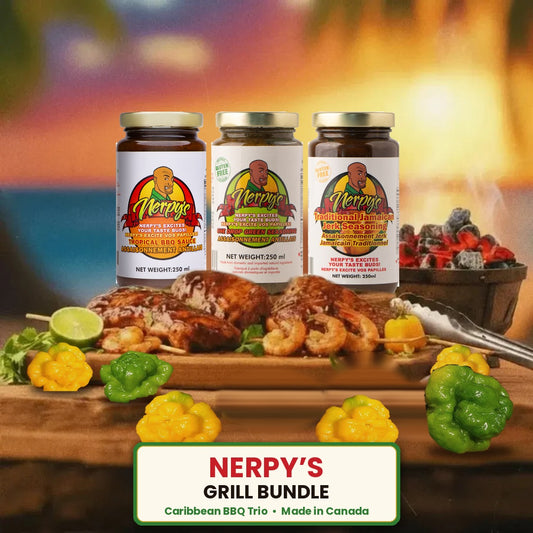 Nerpy's Grill Bundle – Tropical BBQ Sauce, One Drop Green Seasoning and Traditional Jamaican Jerk Seasoning jars with grilled chicken, shrimp and Scotch bonnet peppers, made in Canada
