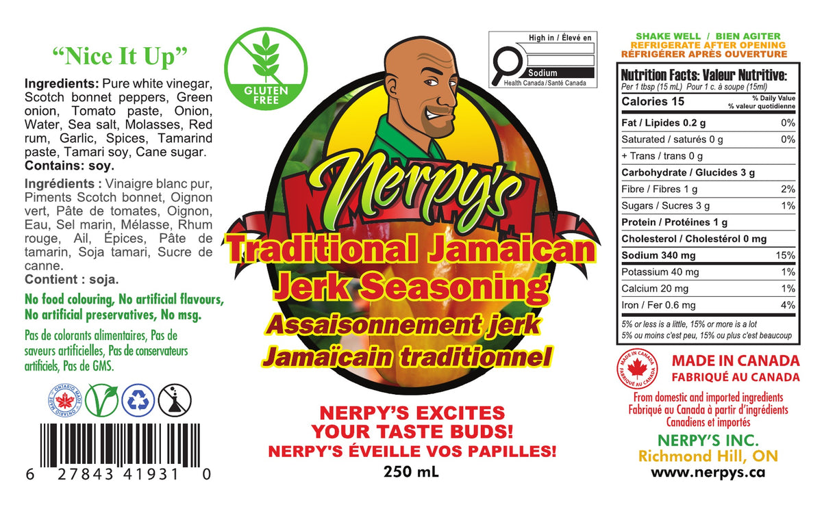 Nerpy's Traditional Jamaican Jerk Seasoning 250 mL full label – ingredients, Nutrition Facts, gluten-free, made in Canada