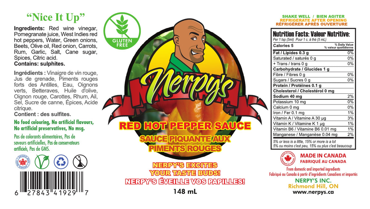 Nerpy's Red Hot Pepper Sauce 148 mL full label – ingredients, Nutrition Facts, gluten-free, made in Canada
