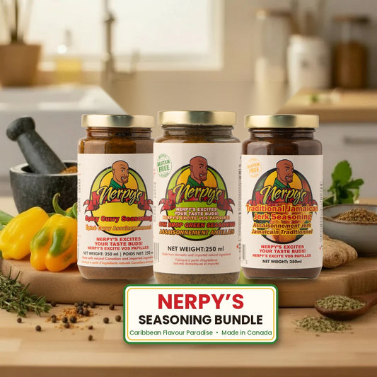 Nerpy's Seasoning Bundle – Spicy Curry, One Drop Green and Traditional Jamaican Jerk Seasoning jars on a cutting board with Scotch bonnet peppers, made in Canada